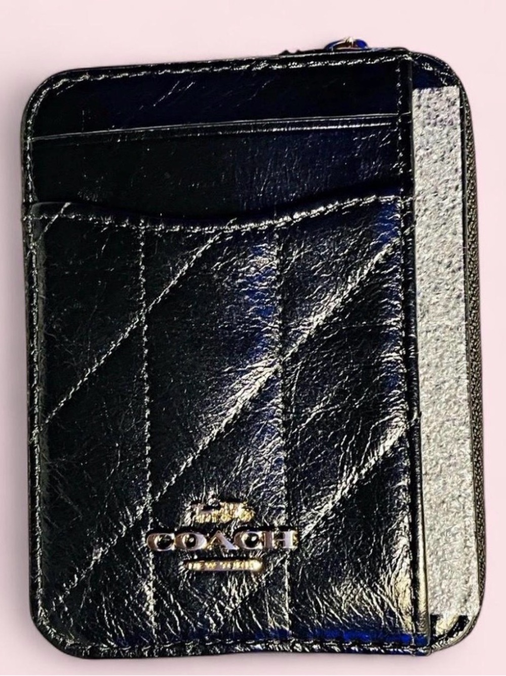 Coach Black Quilted Leather Card Phone Sleeve with Silver Accent